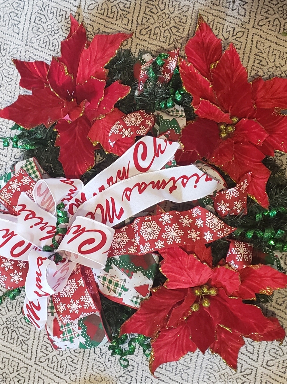 Holiday Red Poinsettia Wreath with Festive Ribbon
